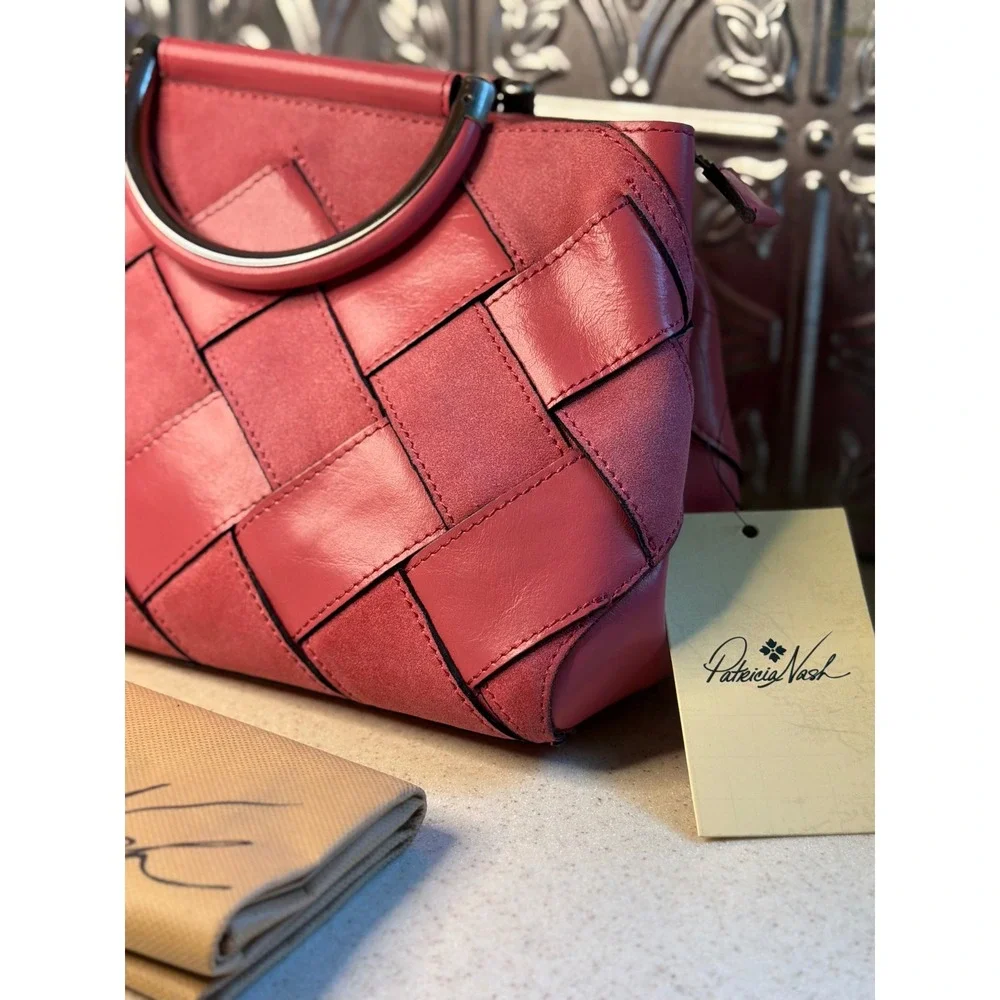 Patricia Nash Novara Satchel Petal Pink Leather Suede Weave Crossbody Bag OS